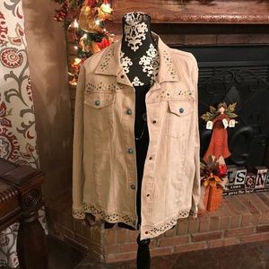 EUC DG2 Turquoise Embellished Tan Denim Jacket 2XL